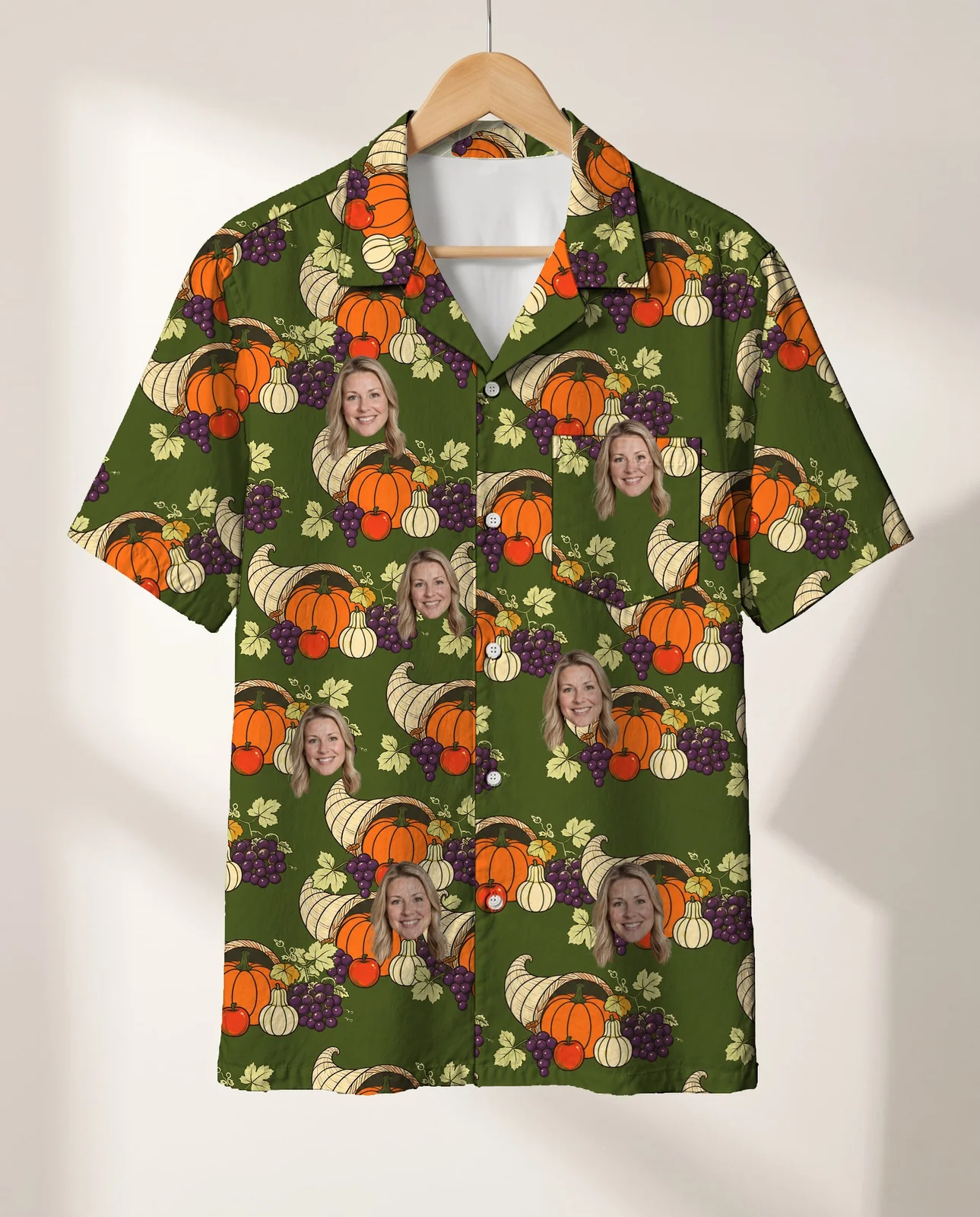 Cornucopia Harvest Thanksgiving Hawaiian Shirt personalized with faces, on a hanger Cornucopia Harvest Thanksgiving Hawaiian Shirt personalized with faces, on a hanger