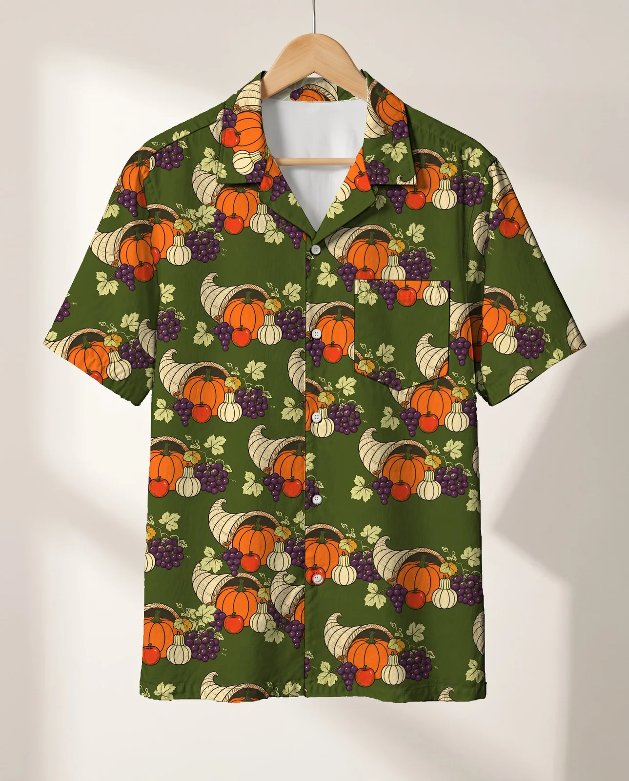 Cornucopia Harvest Thanksgiving Hawaiian Shirt on a hanger Cornucopia Harvest Thanksgiving Hawaiian Shirt on a hanger