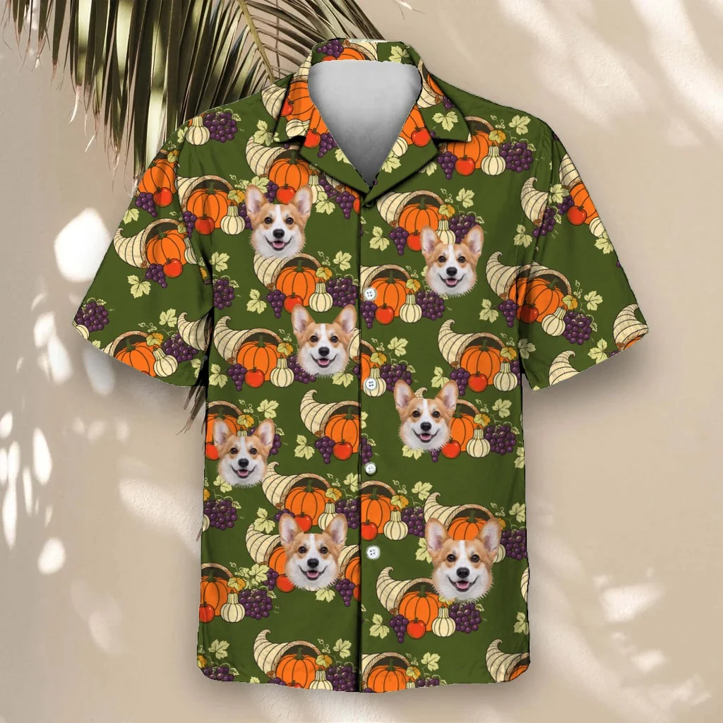 Cornucopia Harvest Thanksgiving Hawaiian Shirt with custom pet faces Cornucopia Harvest Thanksgiving Hawaiian Shirt with custom pet faces
