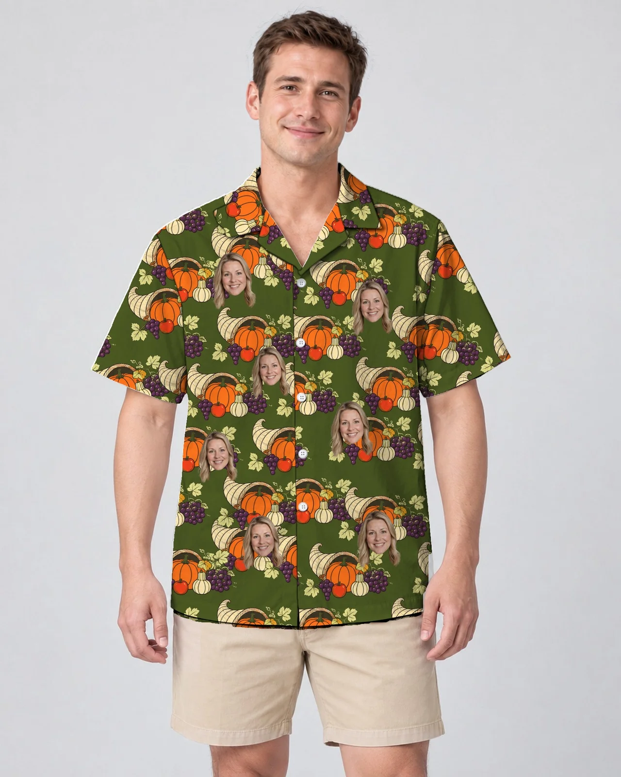Man wearing the Cornucopia Harvest Thanksgiving Hawaiian Shirt with custom faces Man wearing the Cornucopia Harvest Thanksgiving Hawaiian Shirt with custom faces