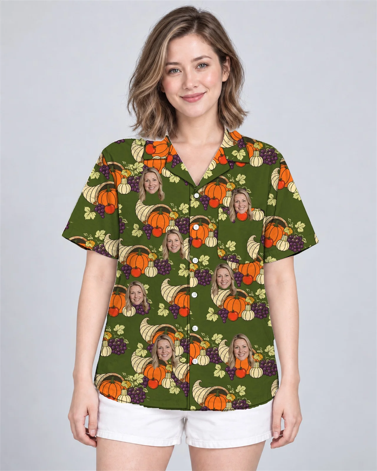 Woman wearing the Cornucopia Harvest Thanksgiving Hawaiian Shirt with custom faces Woman wearing the Cornucopia Harvest Thanksgiving Hawaiian Shirt with custom faces