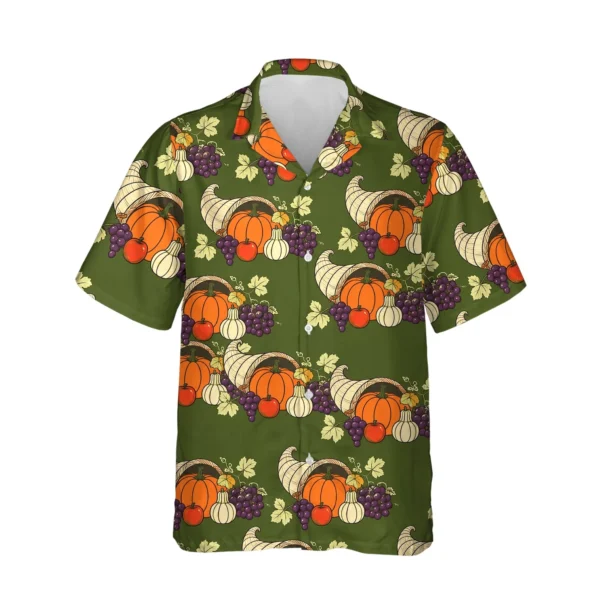 Cornucopia Harvest Thanksgiving Hawaiian Shirt, front view of the print