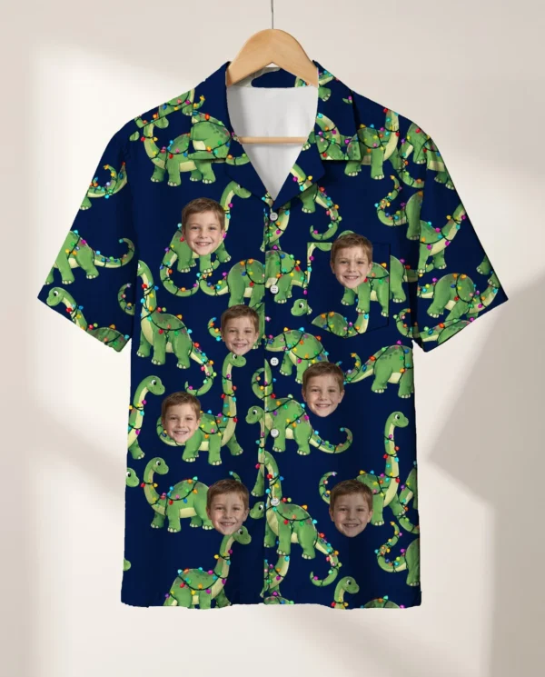 Dino Lights Christmas Hawaiian Shirt personalized with faces, on a hanger