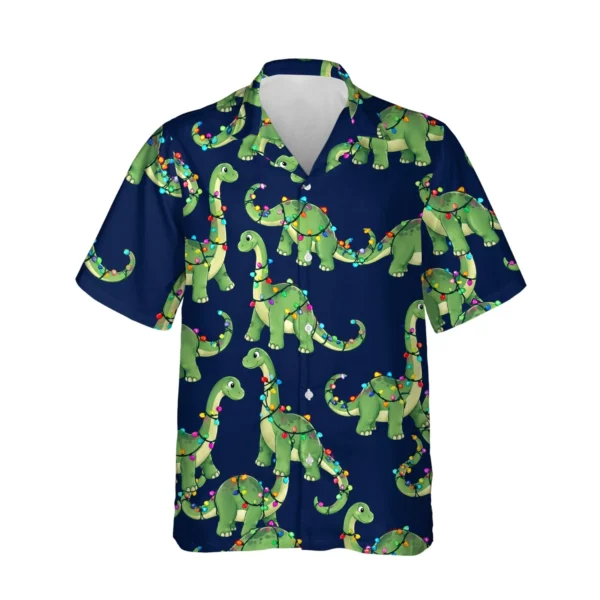 Dino Lights Christmas Hawaiian Shirt, front view of the print