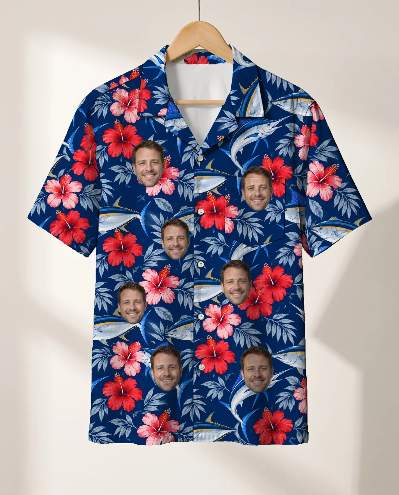 Fish & Hibiscus Hawaiian Shirt personalized with faces, on a hanger Fish & Hibiscus Hawaiian Shirt personalized with faces, on a hanger