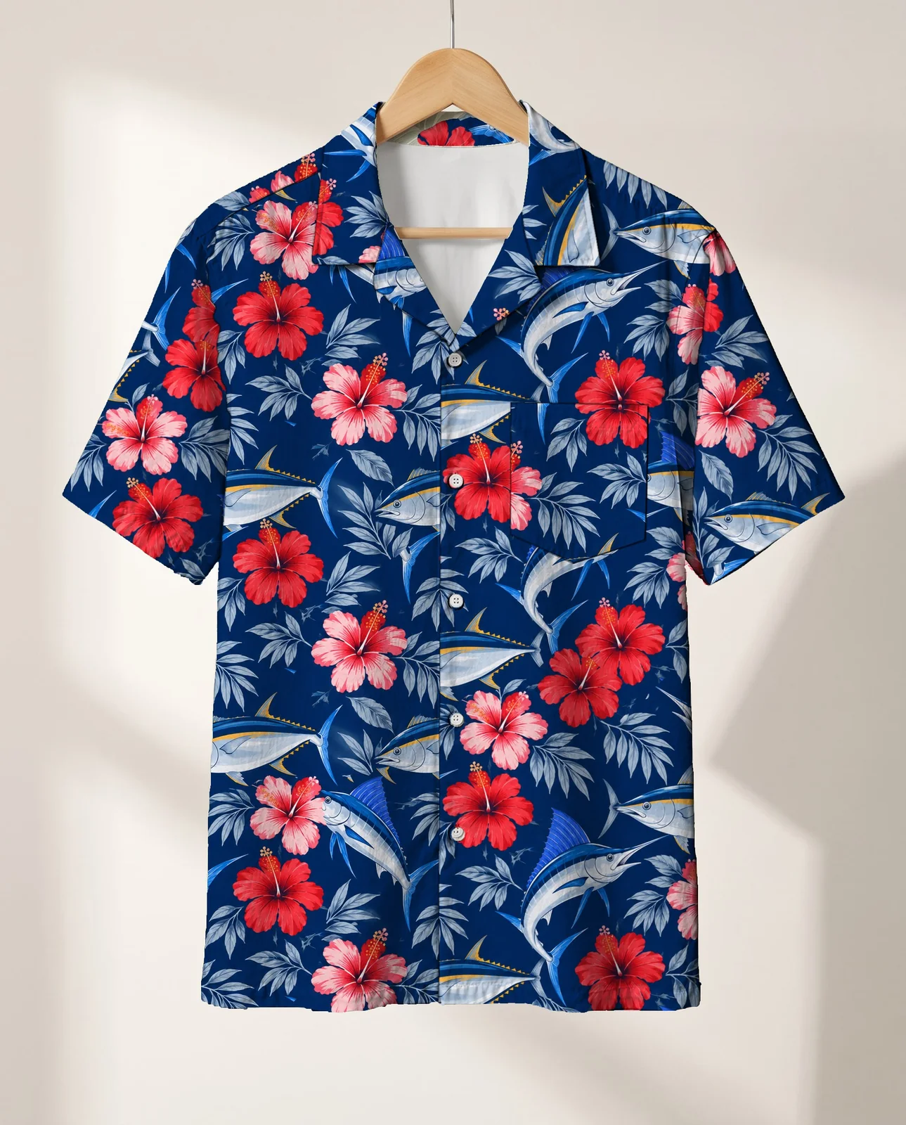 Fish & Hibiscus Hawaiian Shirt on a hanger Fish & Hibiscus Hawaiian Shirt on a hanger