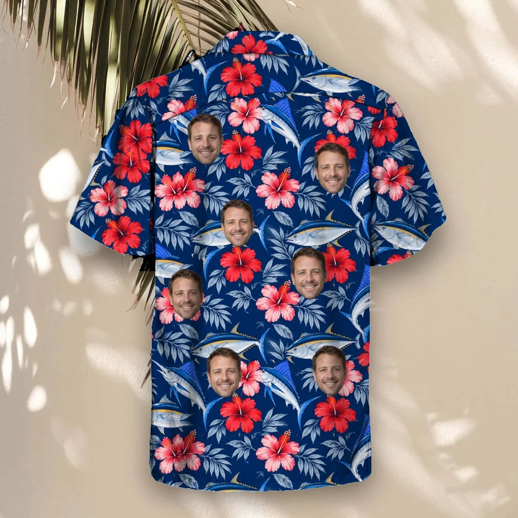 Back of the Fish & Hibiscus Hawaiian Shirt with custom faces Back of the Fish & Hibiscus Hawaiian Shirt with custom faces