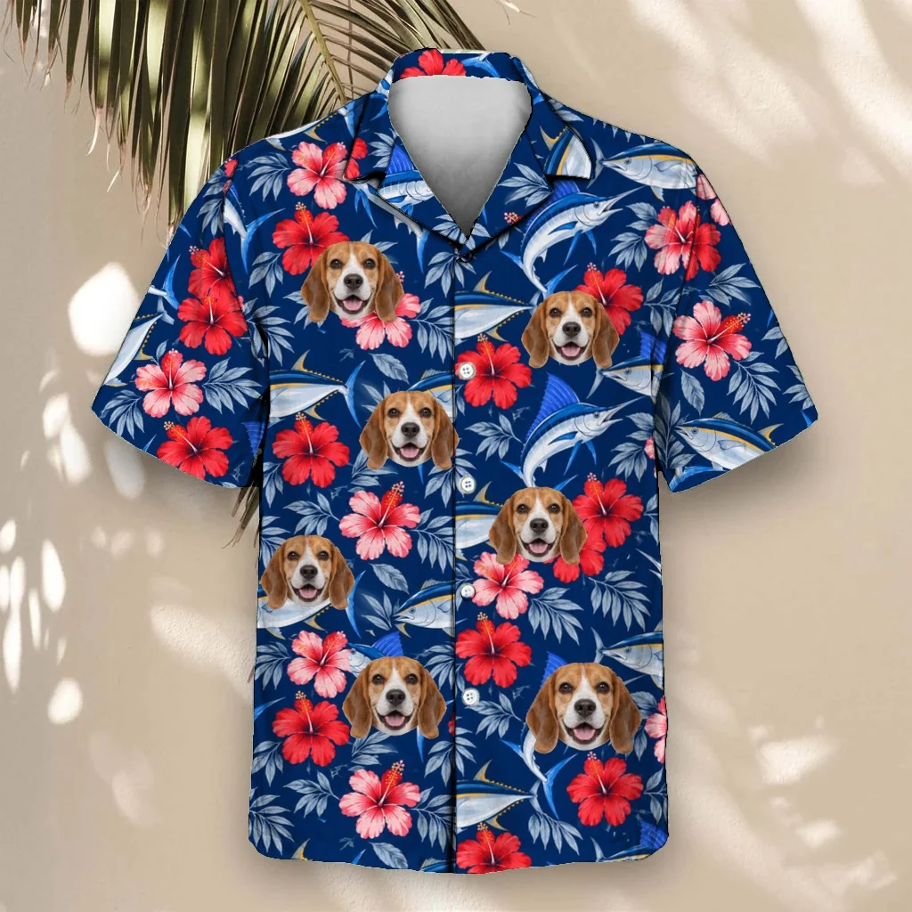 Fish & Hibiscus Hawaiian Shirt with custom pet faces Fish & Hibiscus Hawaiian Shirt with custom pet faces