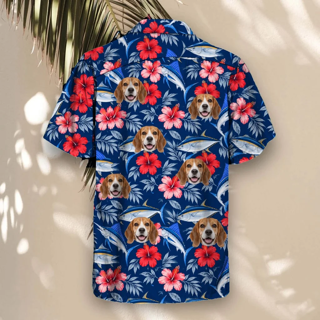 Back of the Fish & Hibiscus Hawaiian Shirt with custom pet faces Back of the Fish & Hibiscus Hawaiian Shirt with custom pet faces