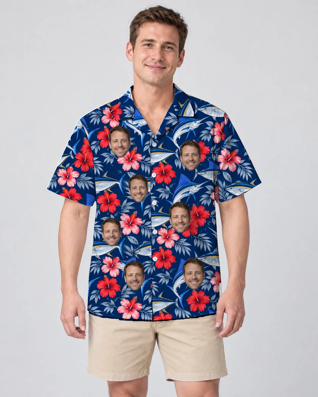 Man wearing the Fish & Hibiscus Hawaiian Shirt with custom faces Man wearing the Fish & Hibiscus Hawaiian Shirt with custom faces