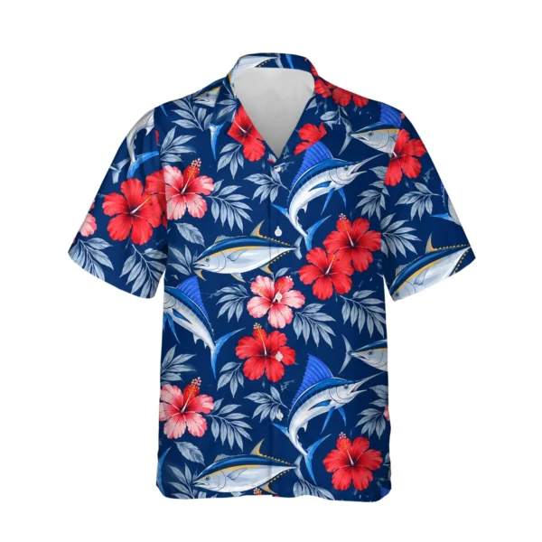 Fish & Hibiscus Hawaiian Shirt, front view of the print