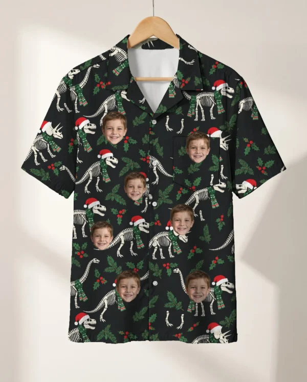 Fossil Santa Dinosaur Christmas Hawaiian Shirt personalized with faces, on a hanger