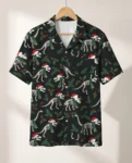 Fossil Santa Dinosaur Christmas Hawaiian Shirt, front view of the print