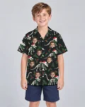 Fossil Santa Dinosaur Christmas Hawaiian Shirt, front view of the print