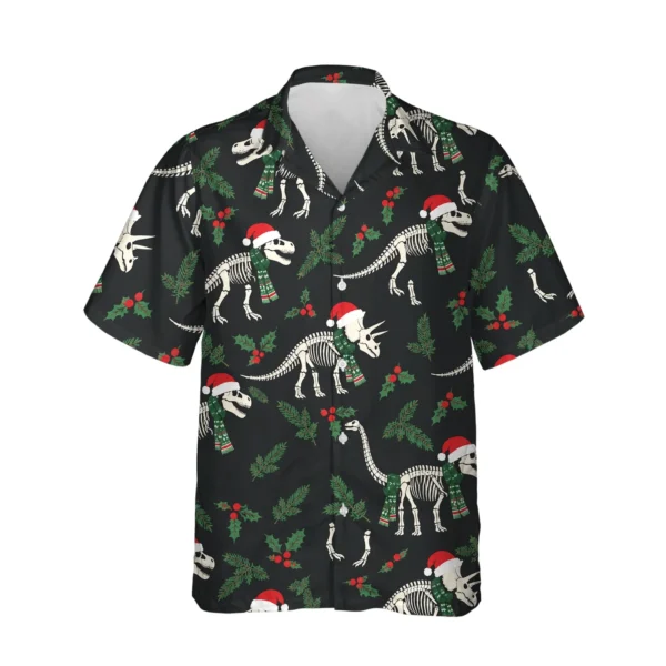 Fossil Santa Dinosaur Christmas Hawaiian Shirt, front view of the print