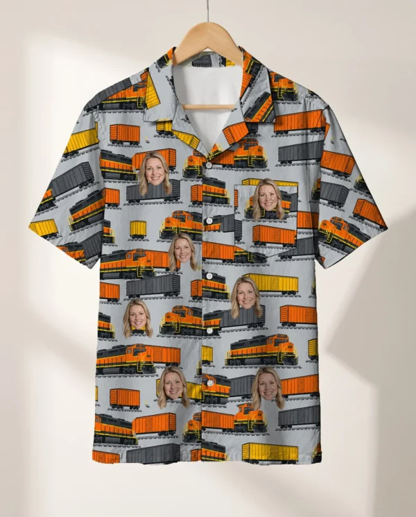 Freight Diesel Train Hawaiian Shirt personalized with faces, on a hanger