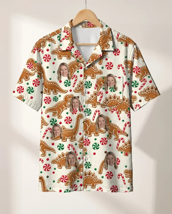 Gingerbread Dino Christmas Hawaiian Shirt personalized with faces, on a hanger