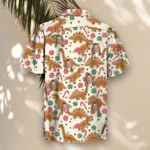 Gingerbread Dino Christmas Hawaiian Shirt, front view of the print