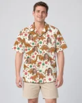 Gingerbread Dino Christmas Hawaiian Shirt, front view of the print
