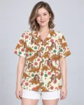 Gingerbread Dino Christmas Hawaiian Shirt, front view of the print