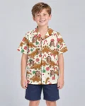 Gingerbread Dino Christmas Hawaiian Shirt, front view of the print
