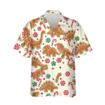 Gingerbread Dino Christmas Hawaiian Shirt, front view of the print