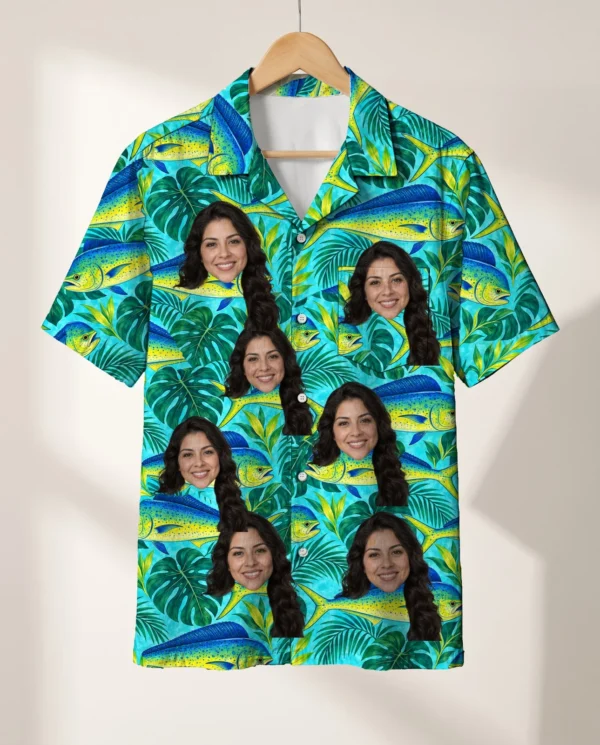 Mahi-Mahi Fishing Hawaiian Shirt personalized with faces, on a hanger