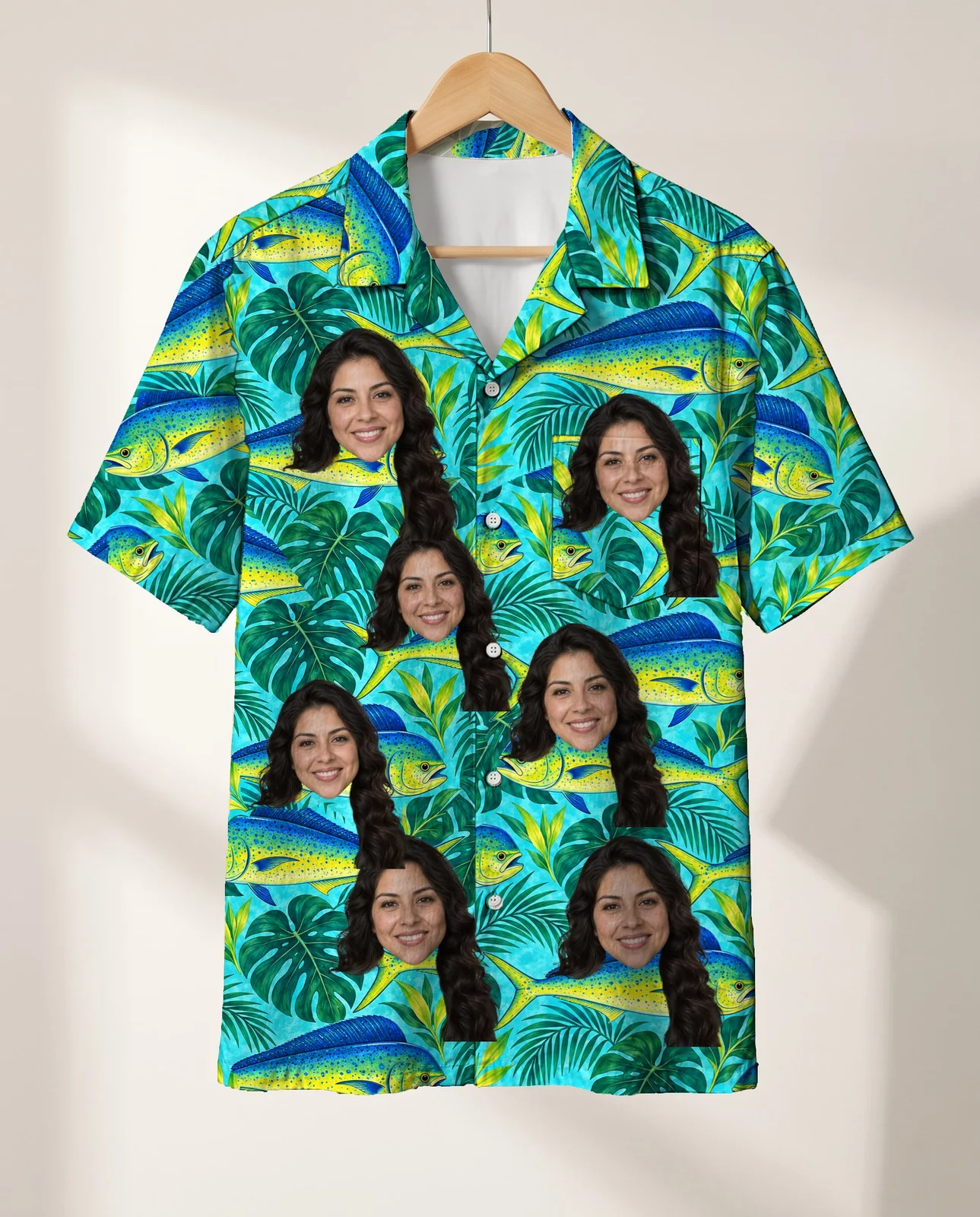 Mahi Mahi Fishing Hawaiian Shirt personalized with faces, on a hanger Mahi-Mahi Fishing Hawaiian Shirt personalized with faces, on a hanger