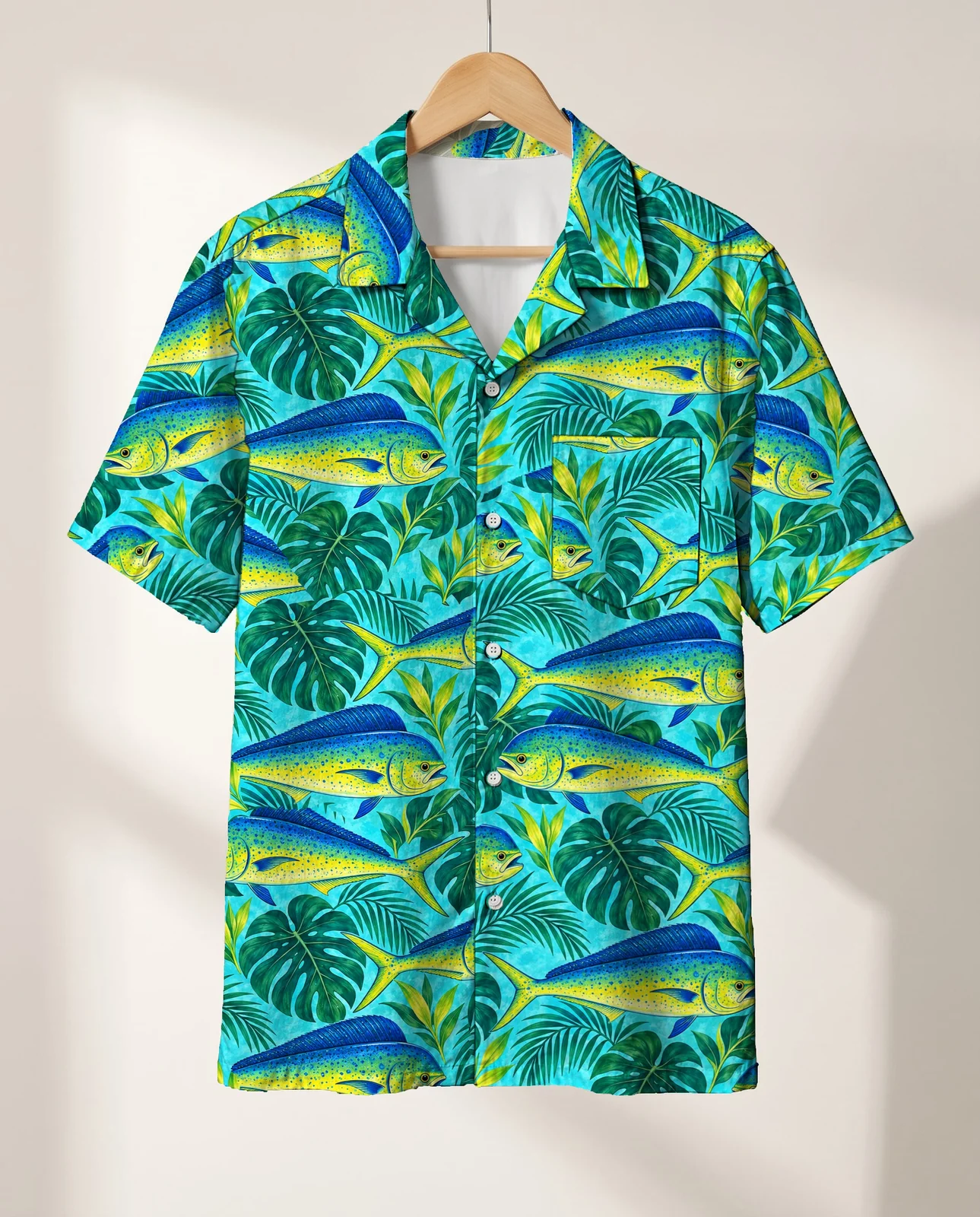 Mahi Mahi Fishing Hawaiian Shirt on a hanger Mahi-Mahi Fishing Hawaiian Shirt on a hanger