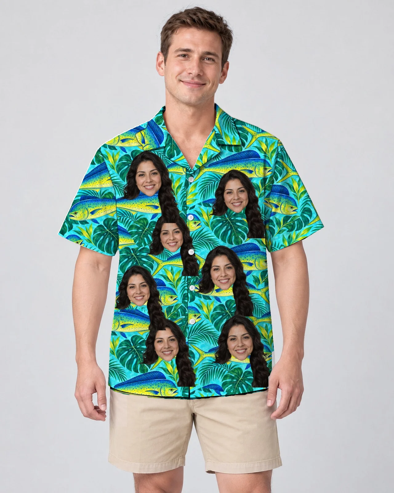 Man wearing the Mahi Mahi Fishing Hawaiian Shirt with custom faces Man wearing the Mahi-Mahi Fishing Hawaiian Shirt with custom faces