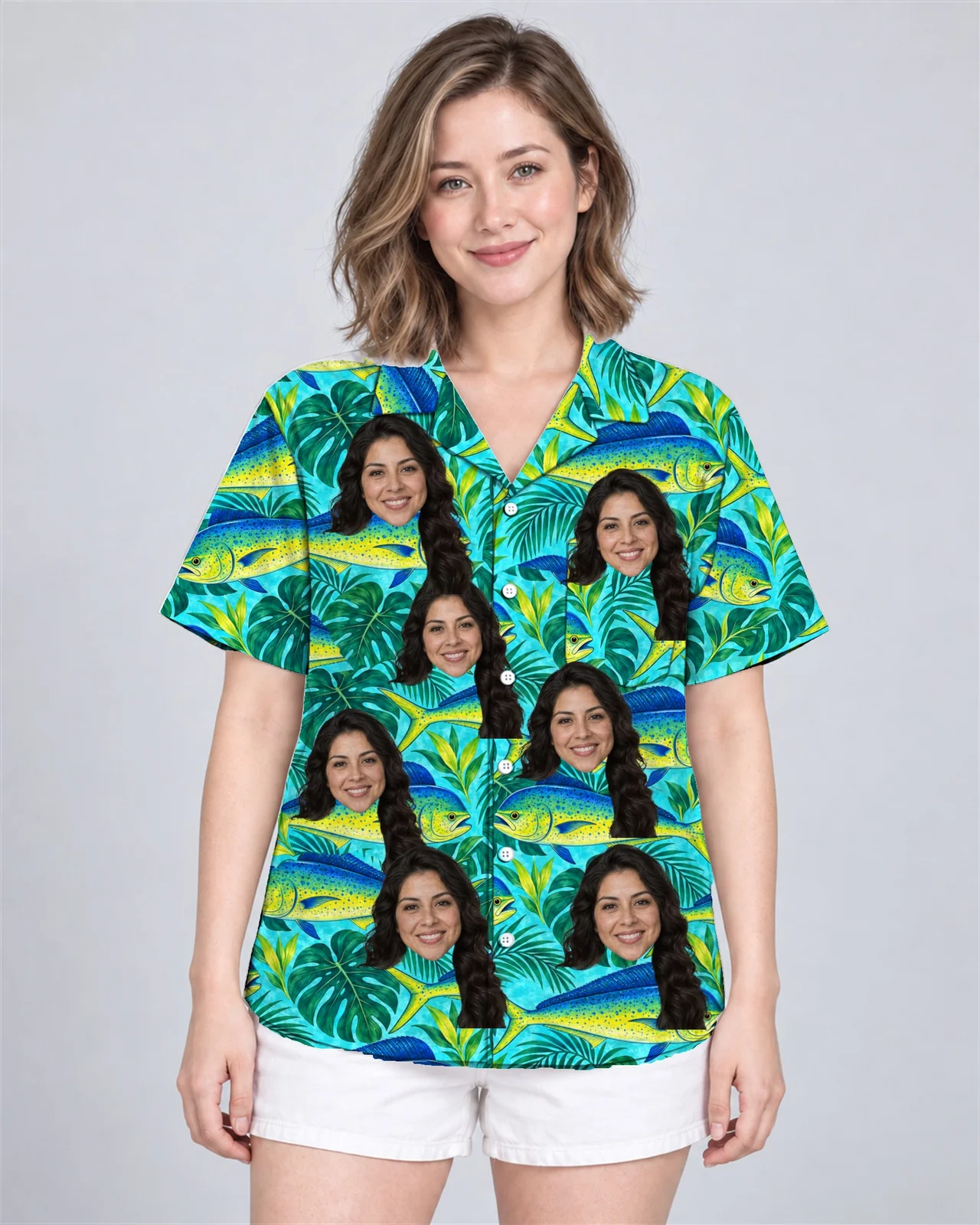 Woman wearing the Mahi Mahi Fishing Hawaiian Shirt with custom faces Woman wearing the Mahi-Mahi Fishing Hawaiian Shirt with custom faces