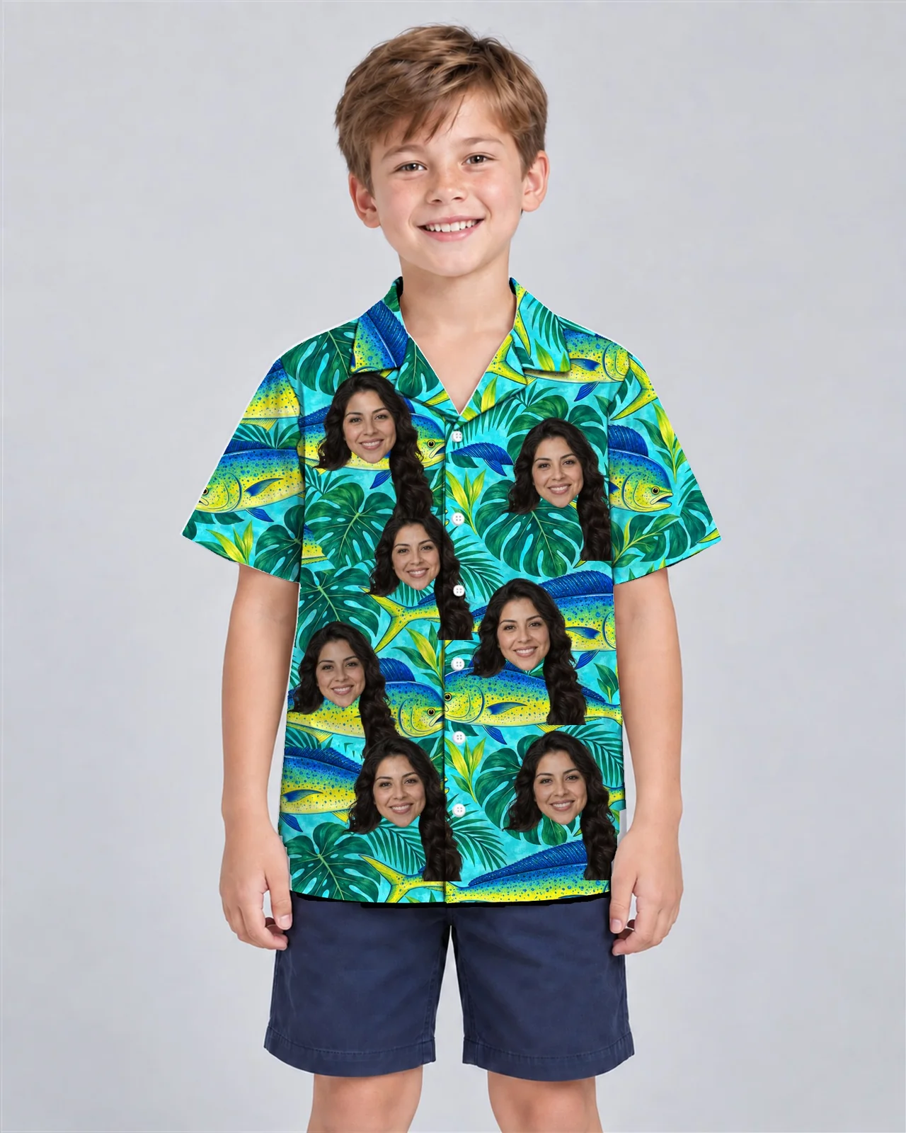 Kid wearing the Mahi Mahi Fishing Hawaiian Shirt with custom faces Kid wearing the Mahi-Mahi Fishing Hawaiian Shirt with custom faces
