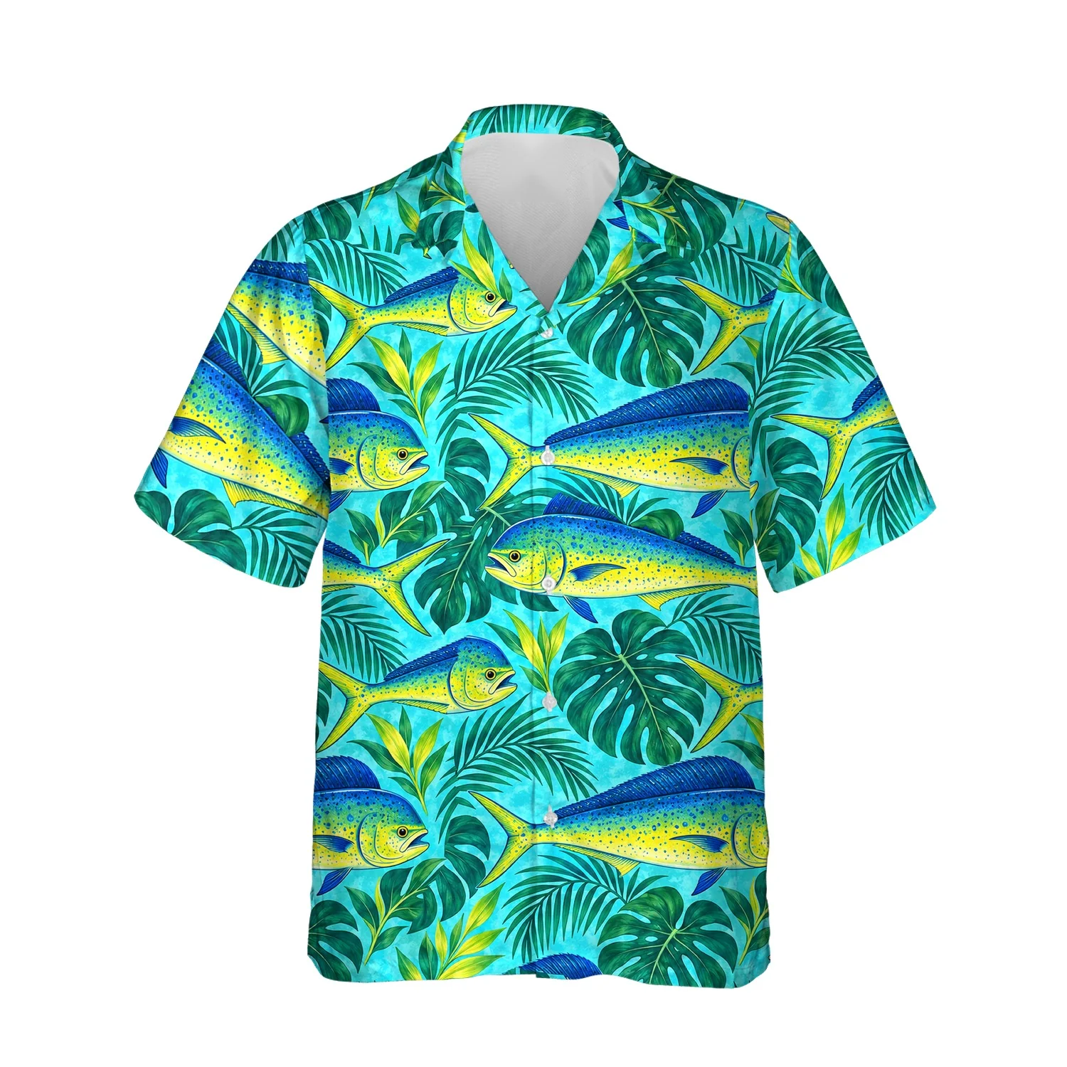 Mahi Mahi Fishing Hawaiian Shirt, front view of the print Mahi-Mahi Fishing Hawaiian Shirt, front view of the print