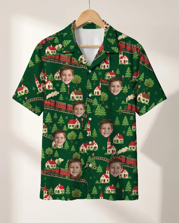 Model Railroad Train Hawaiian Shirt personalized with faces, on a hanger