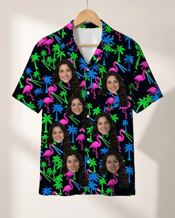 Neon Flamingo Ugly Hawaiian Shirt personalized with faces, on a hanger