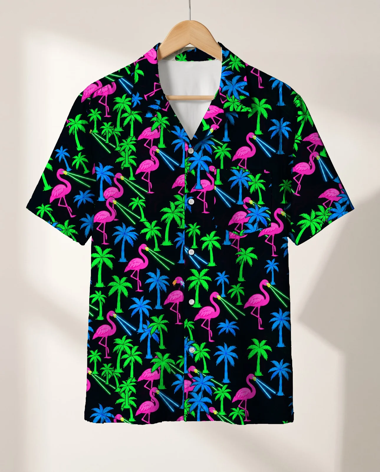Neon Flamingo Ugly Hawaiian Shirt on a hanger Neon Flamingo Ugly Hawaiian Shirt on a hanger