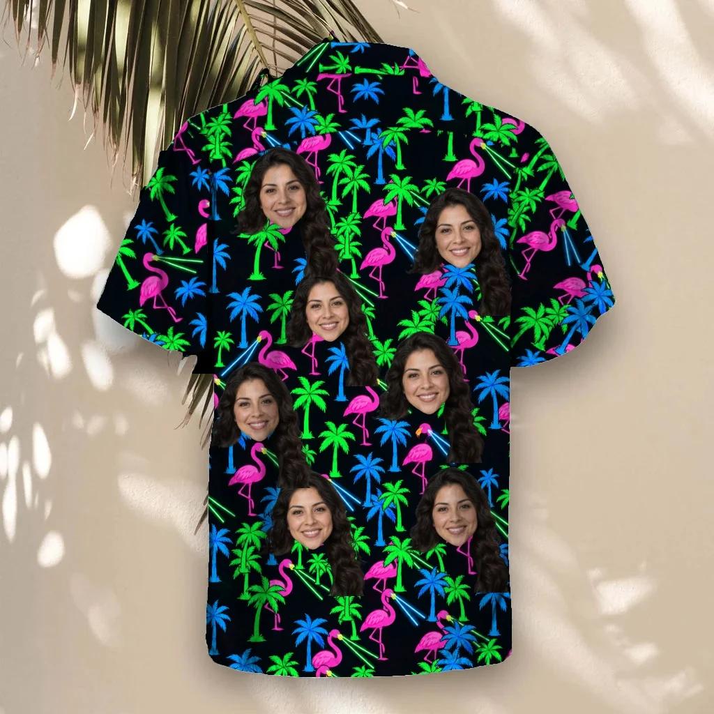 Back of the Neon Flamingo Ugly Hawaiian Shirt with custom faces Back of the Neon Flamingo Ugly Hawaiian Shirt with custom faces