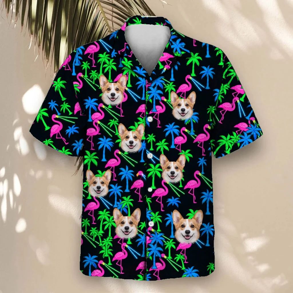 Neon Flamingo Ugly Hawaiian Shirt with custom pet faces Neon Flamingo Ugly Hawaiian Shirt with custom pet faces