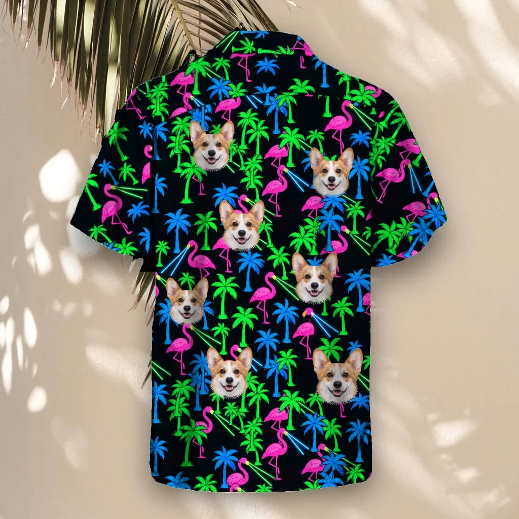 Back of the Neon Flamingo Ugly Hawaiian Shirt with custom pet faces Back of the Neon Flamingo Ugly Hawaiian Shirt with custom pet faces