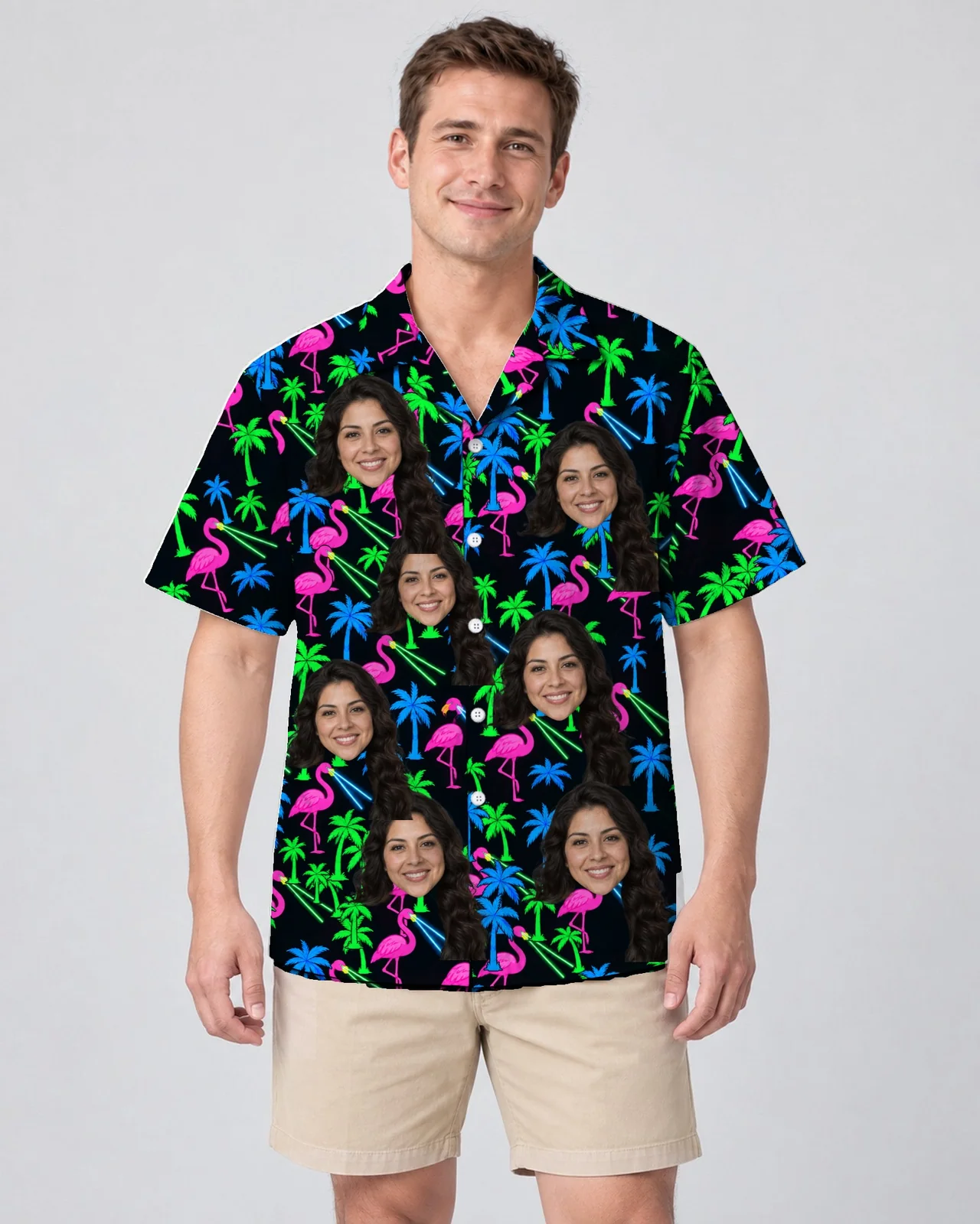 Man wearing the Neon Flamingo Ugly Hawaiian Shirt with custom faces Man wearing the Neon Flamingo Ugly Hawaiian Shirt with custom faces