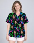 Neon Flamingo Ugly Hawaiian Shirt, front view of the print