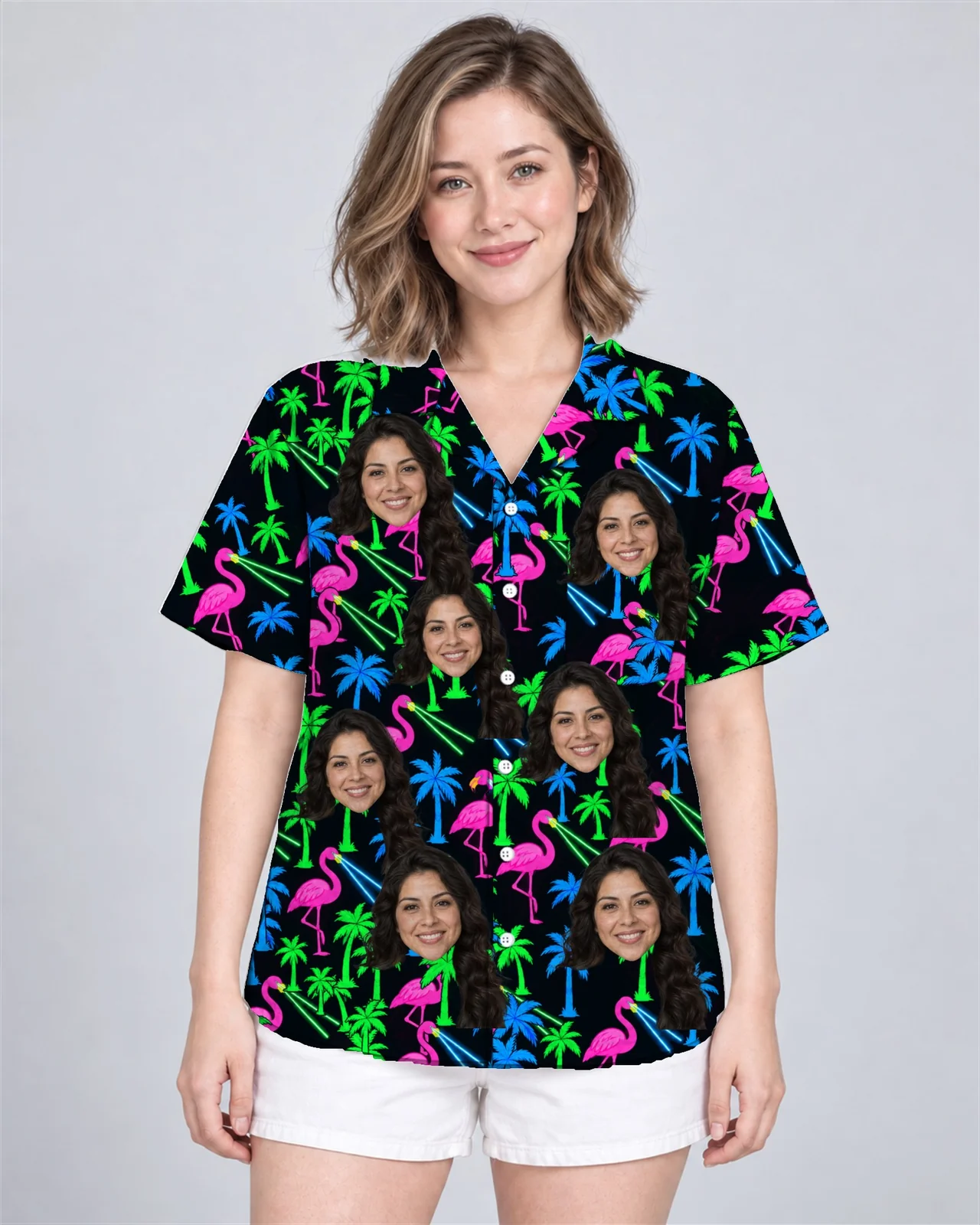 Woman wearing the Neon Flamingo Ugly Hawaiian Shirt with custom faces Woman wearing the Neon Flamingo Ugly Hawaiian Shirt with custom faces