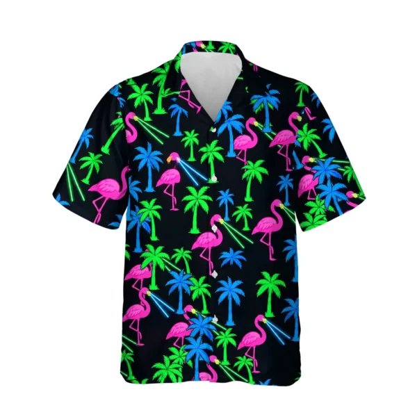Neon Flamingo Ugly Hawaiian Shirt, front view of the print