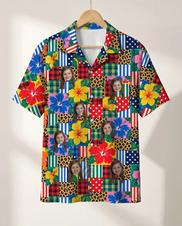 Patchwork Mess Ugly Hawaiian Shirt personalized with faces, on a hanger