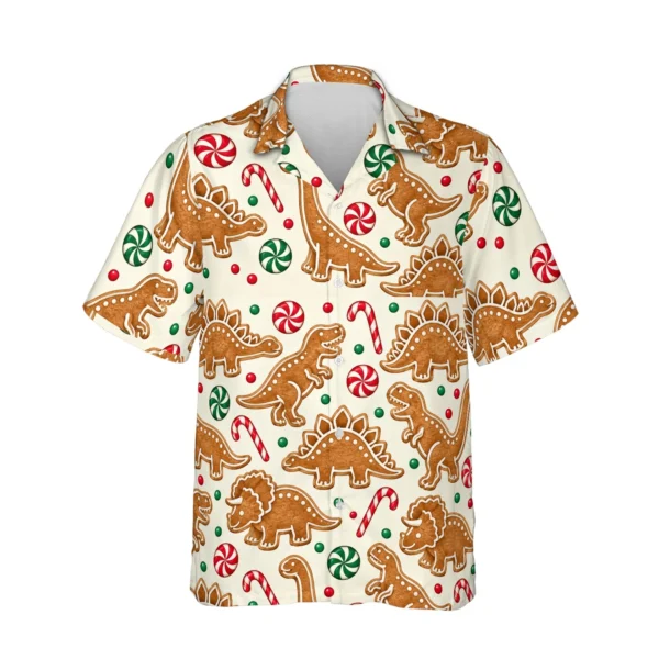 Personalized Dinosaur Christmas Hawaiian Shirt with Face, Pet or Logo – Gingerbread Dino - front view