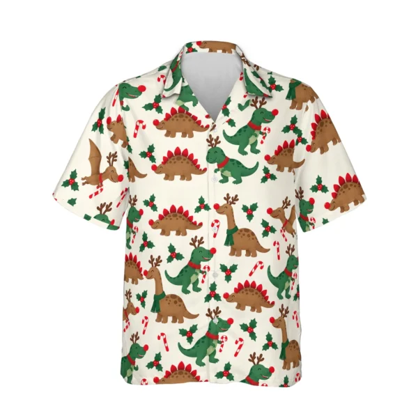 Personalized Dinosaur Christmas Hawaiian Shirt with Face, Pet or Logo – Reindeer Dino - front view