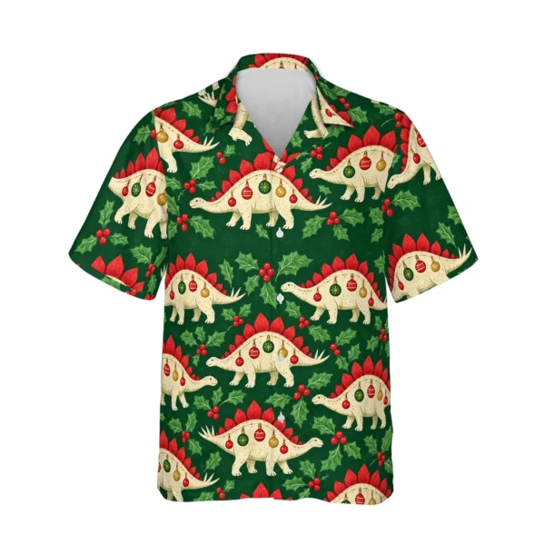 Personalized Dinosaur Christmas Hawaiian Shirt with Face, Pet or Logo – Stegosaurus Ornament - front view