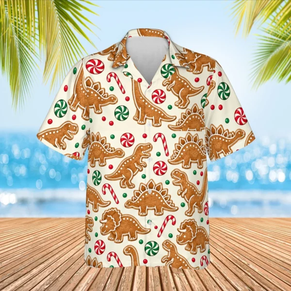 Personalized Dinosaur Christmas Hawaiian Shirt with Face, Pet or Logo – Gingerbread Dino - view 2