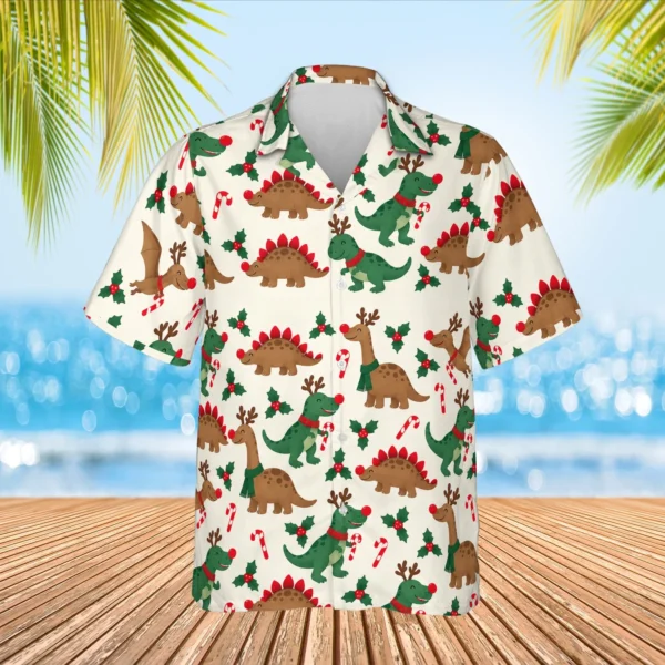 Personalized Dinosaur Christmas Hawaiian Shirt with Face, Pet or Logo – Reindeer Dino - view 2
