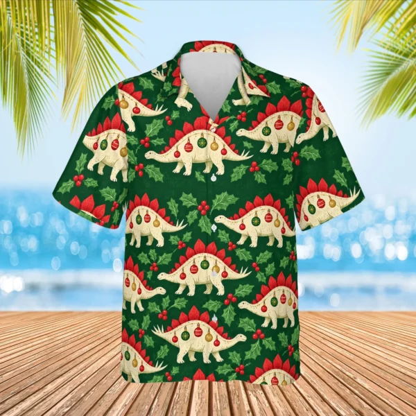Personalized Dinosaur Christmas Hawaiian Shirt with Face, Pet or Logo – Stegosaurus Ornament - view 2